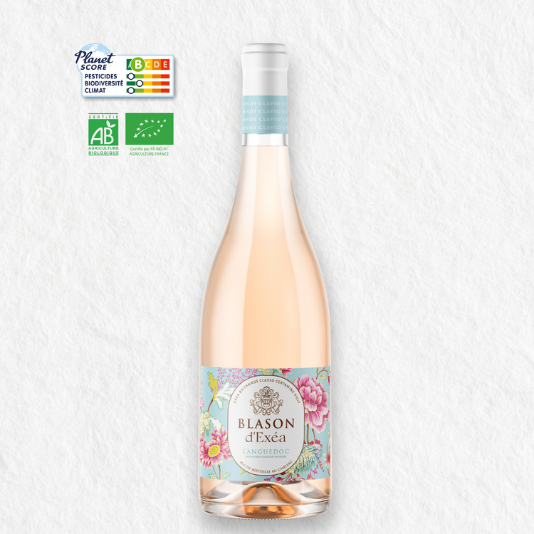 Bouteille de Blason d'Exéa rosé - vin bio du Languedoc labellisé bio et Planet Score